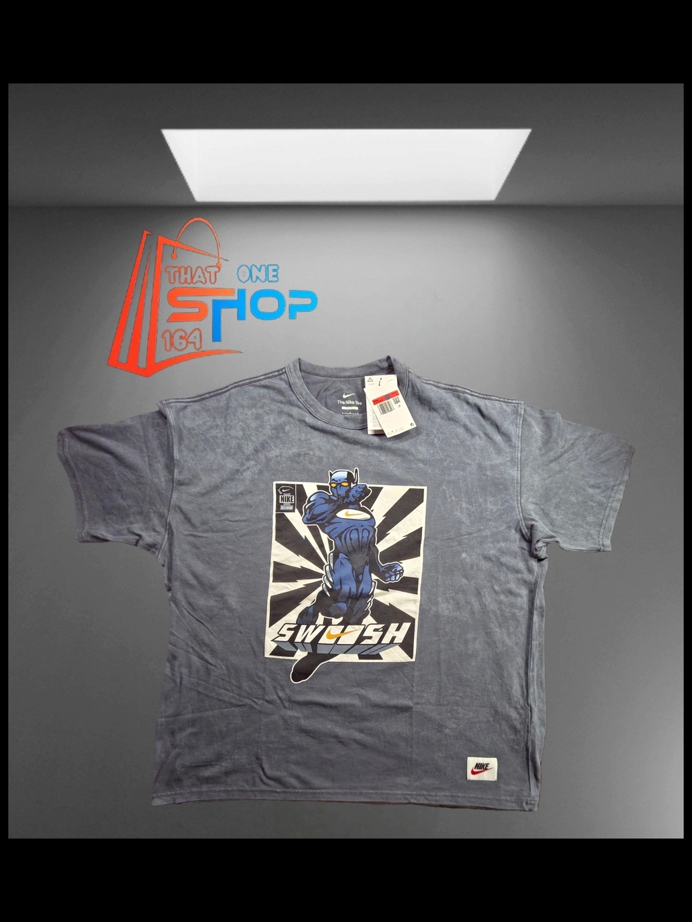 Nike Swooshman Comic Graphic Short Sleeve T-Shirt Mens Gray / Acid Wash Size L
